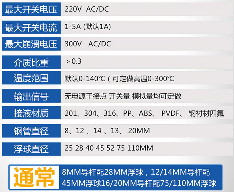 防爆浮球液位計技術參數對照表